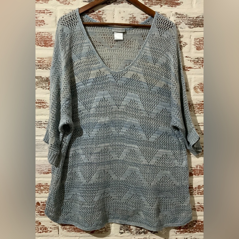 Catherines 1X Blue Marbled Knit Crochet Tunic Top Short Sleeve V Neck Womens